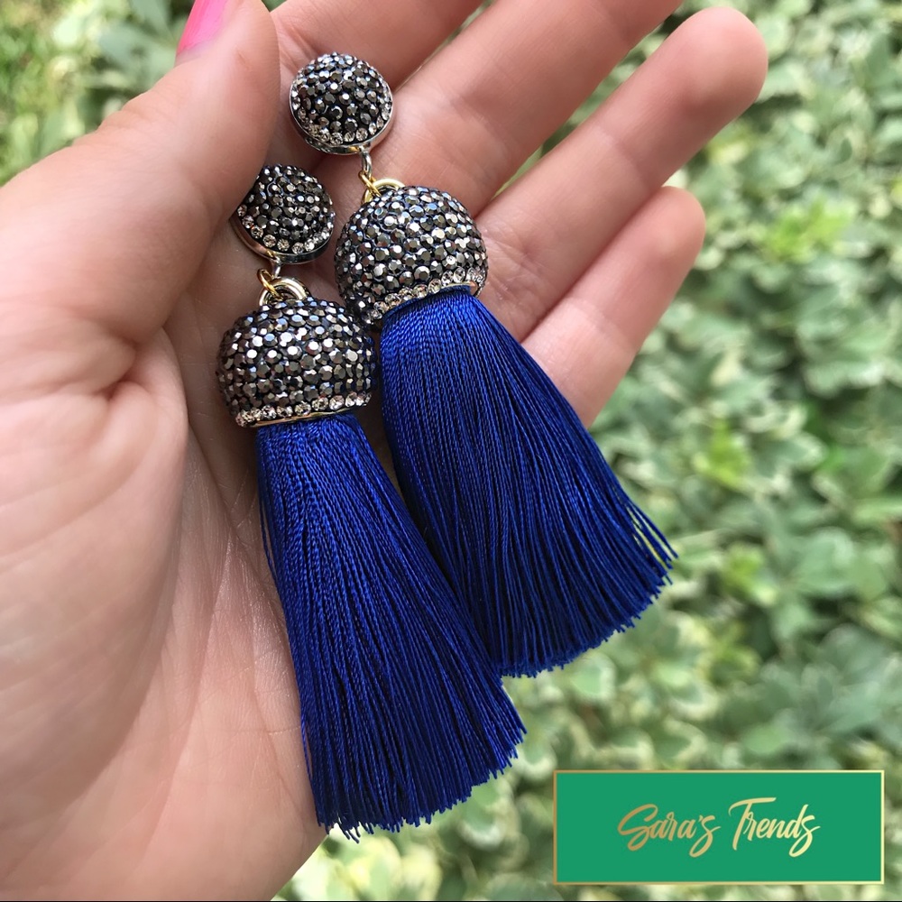 Handmade Blue Rhinestone Tassel Earrings